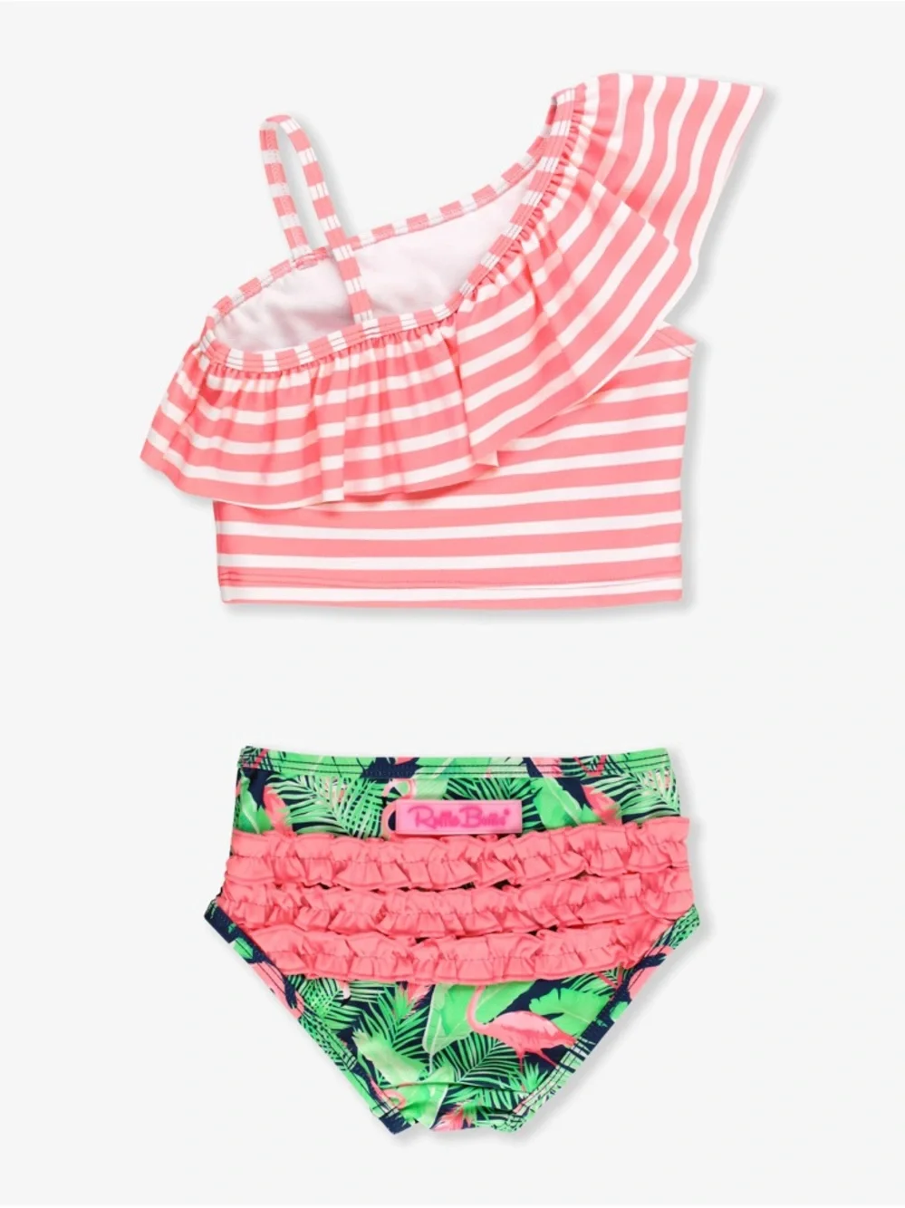 Ruffle Butts Pink Striped One-Shoulder Ruffle Bikini with Flamingo Print Bottoms